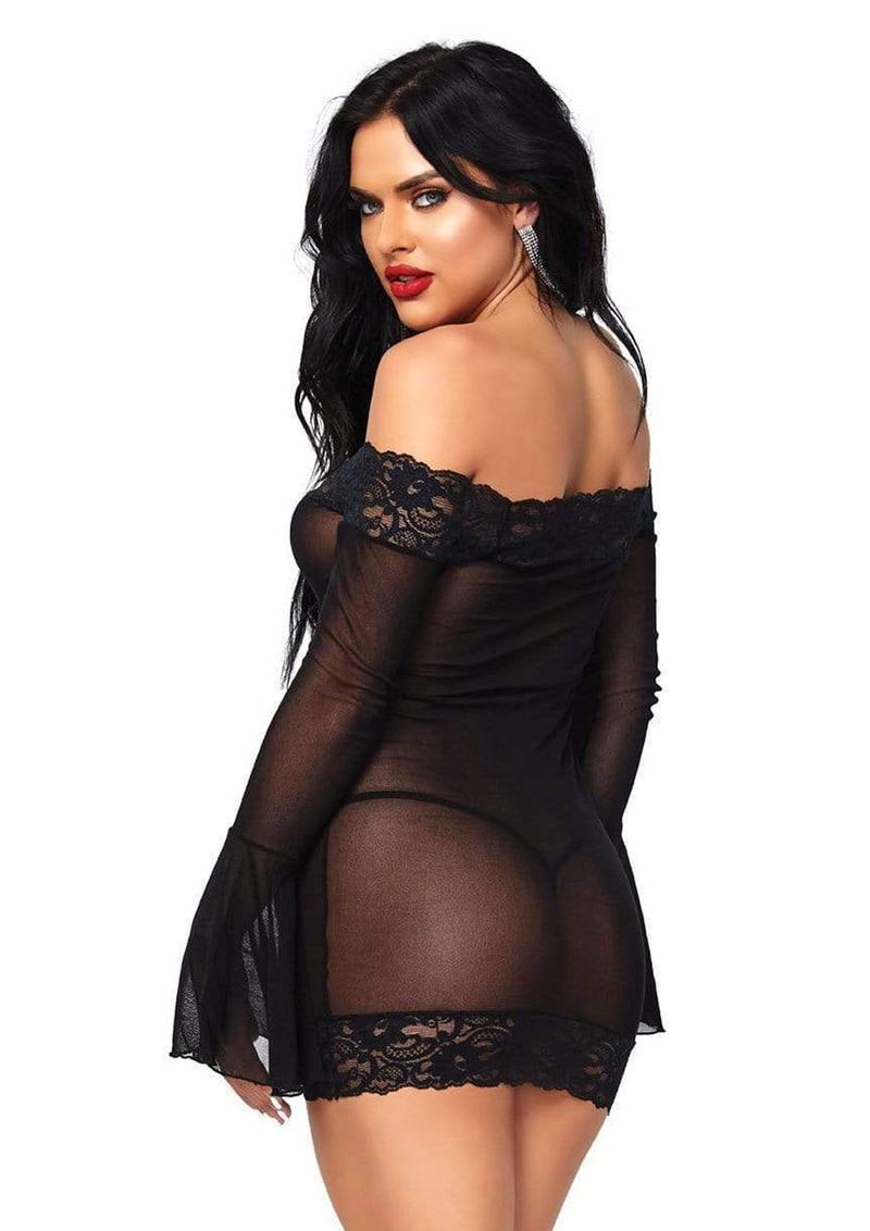 Leg Avenue Off The Shoulder Lace Trimmed Mesh Mini Dress with Lace Bell Sleeves and Matching G-String - Black - One Size - 2 Piece