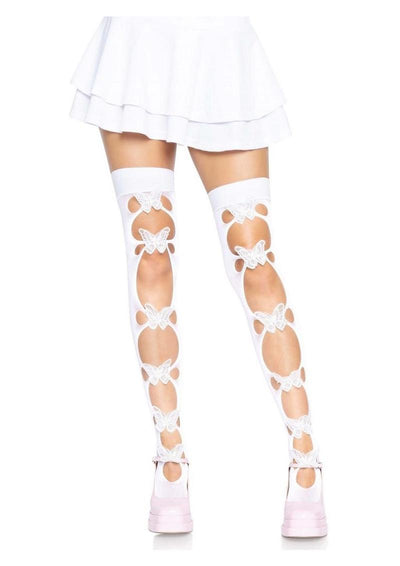 Leg Avenue Opaque Net Cut-Out Butterfly Applique Thigh Highs - White - One Size