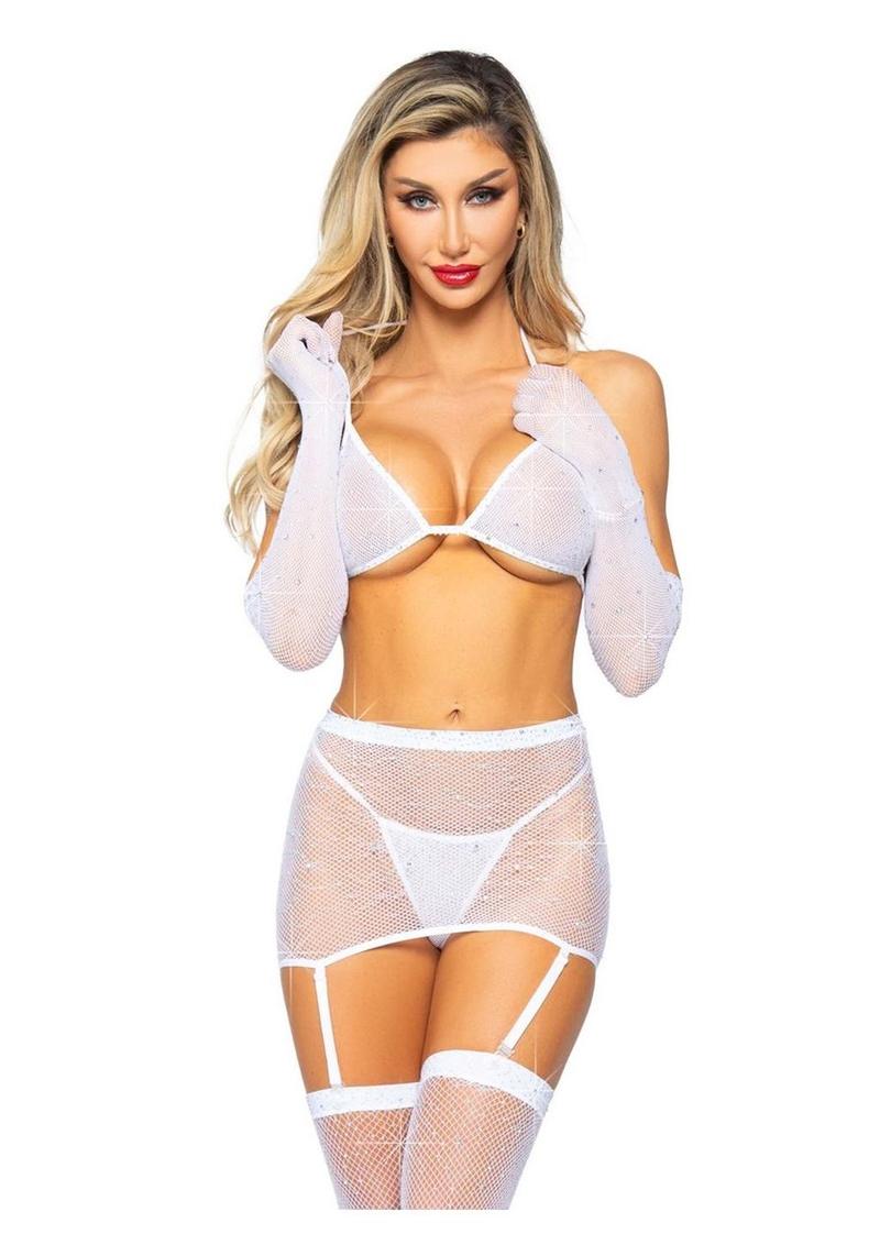 Leg Avenue Rhinestone Fishnet Garter Skirt Set with Bikini Top, G-String, Gloves, and Matching Stockings - White - One Size - 5 Piece