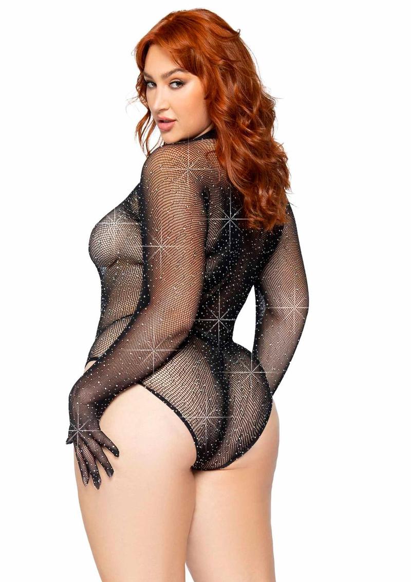 Leg Avenue Rhinestone Fishnet Gloved Bodysuit with Snap Crotch - Black - Queen/XLarge/XXLarge