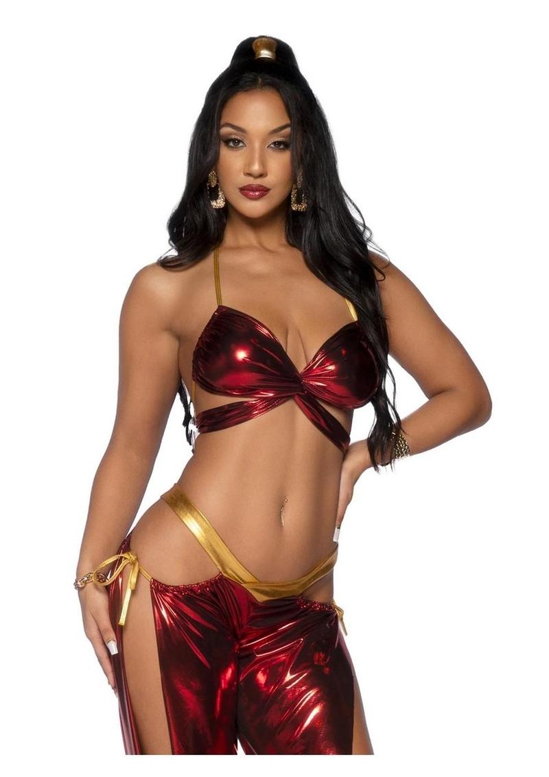 Leg Avenue Ruby Desert Princess Lame Bikini Top and Split Leg Cut-Out Harem Pants with Side Ties - Red - Small - 2 Piece