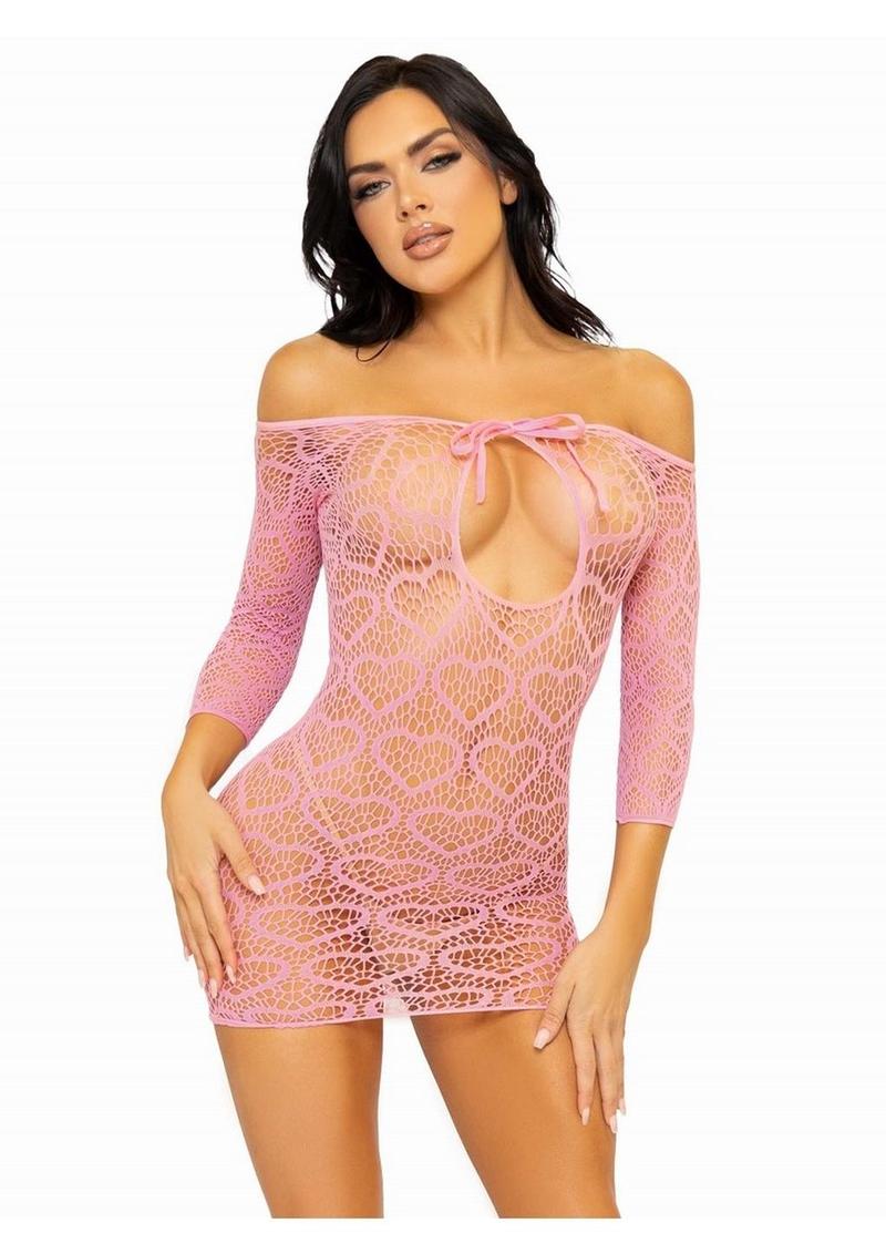 Leg Avenue Seamless Heart Net Mini Dress with Keyhole Tie Front - Pink - One Size