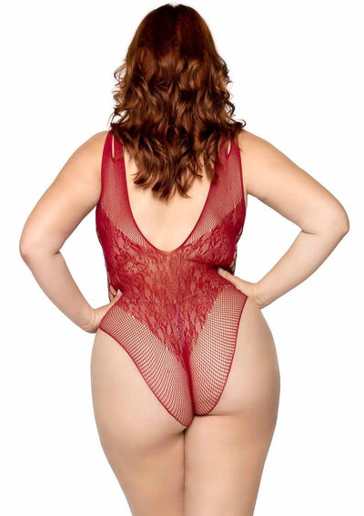 Leg Avenue Seamless Net Lace Bodysuit with Dual Shoulder Straps and Cheeky Cut Bottom - Burgundy/Red - Queen/XLarge/XXLarge