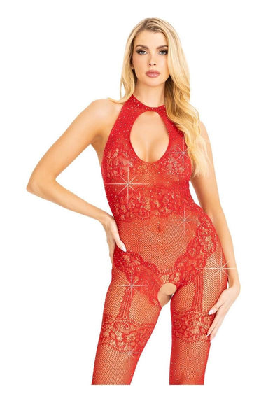 Leg Avenue Seamless Rhinestone Fishnet Bodystocking with Keyhole and Lace Lingerie Detail - Red - One Size