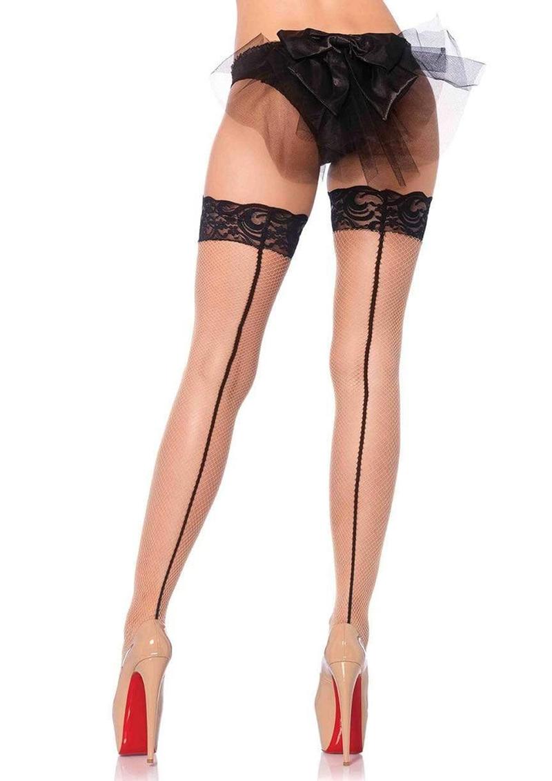 Leg Avenue Stay Up Lace Top Backseam Fishnet Thigh High - Black/Nude - One Size