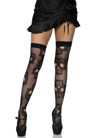 Leg Avenue Sugar Skull Net Thigh Highs - Black - One Size