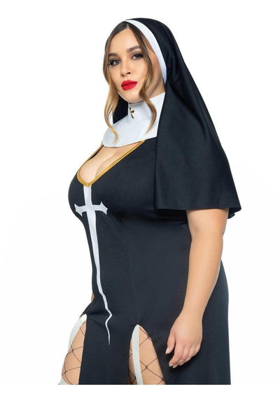 Leg Avenue Sultry Sinner Dual Slit Garter Dress with Vinyl Cross Detail, Vinyl Collar, and Nun Habit