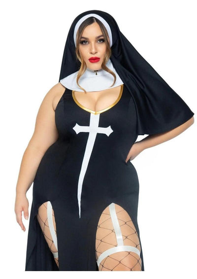 Leg Avenue Sultry Sinner Dual Slit Garter Dress with Vinyl Cross Detail, Vinyl Collar, and Nun Habit - Black/White - 3XLarge/4XLarge/Queen - 3 Piece