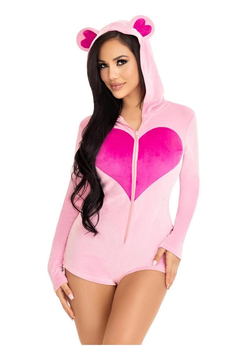 Leg Avenue Sweetheart Bear Velvet Zip Up Romper with Heart Accent - Pink - Small