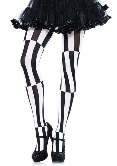 Leg Avenue Woven Opaque Striped Optical Illusion Pantyhose - Black/White - Queen/XLarge/XXLarge