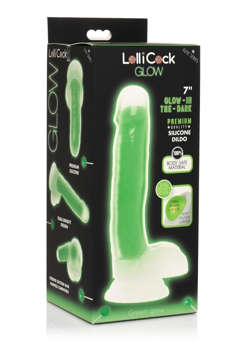 Lollicock Glow In The Dark Silicone Dildo with Balls - Glow In The Dark/Green - 7in