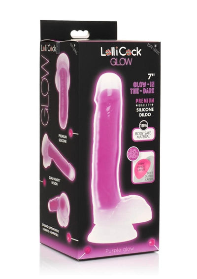 Lollicock Glow In The Dark Silicone Dildo with Balls - Glow In The Dark/Purple - 7in