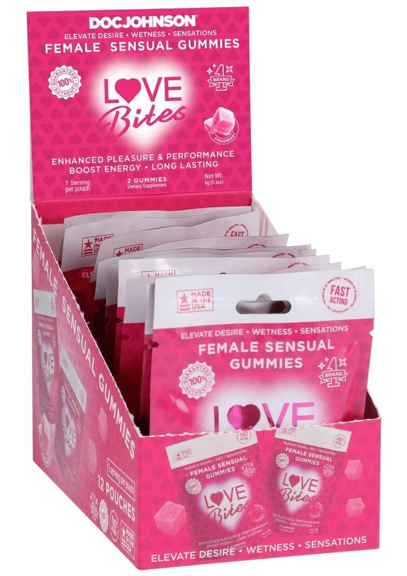 Love Bites Female Sensual Gummies - Strawberry - 12 Packs Per Box/2 Count/Pack