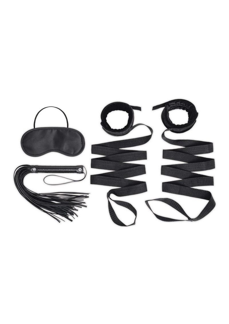 Lux Fetish Bondage Bed Strap and Flogger Kit - Black - 4 Piece