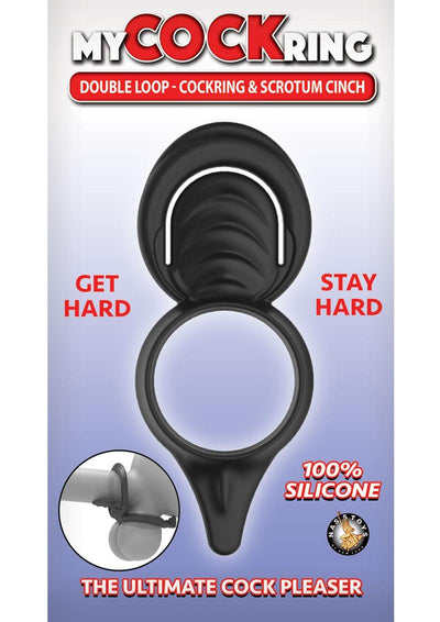 My Cockring Double Loop Silicone Cock Ring and Scrotum Cinch - Black