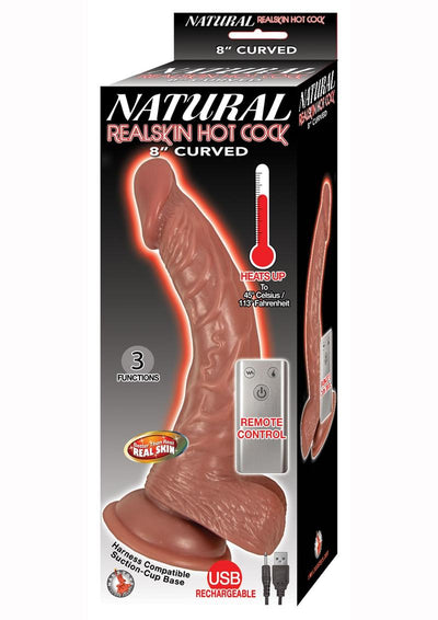 Natural Realskin Hot Cock Curved Warming Rechargeable Dildo - Chocolate - 8in