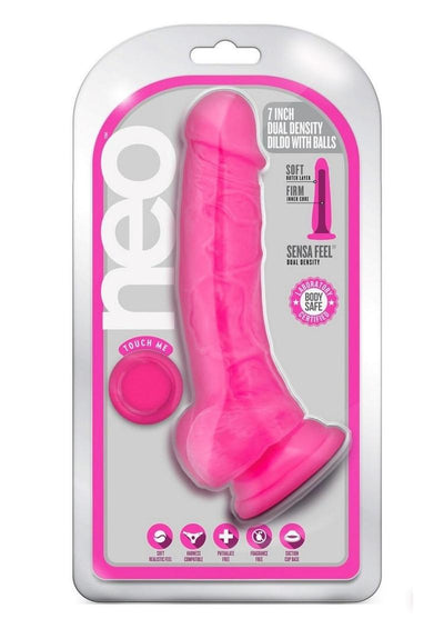 Neo Dual Density Dildo with Balls - Neon Pink/Pink - 7.5in