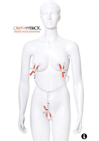 Orange Is The New Black Triple Your Pleasure Nipple and Clitoral Clamps with Chain - Orange