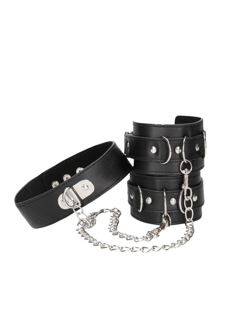 Ouch! Bonded Leather Collar with Hand Cuffs and Leash