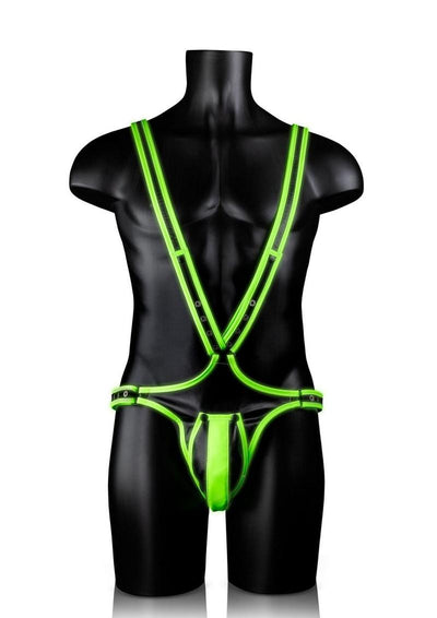 Ouch! Bonded Leather Full Body Harness - Black/Glow In The Dark/Green - Medium/Small