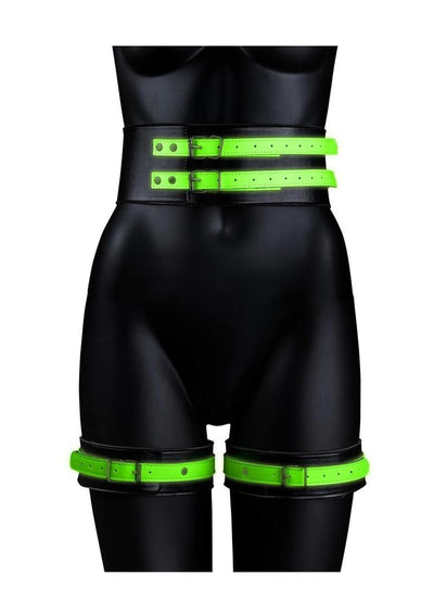 Ouch! Thigh Cuffs with Belt and Handcuffs - Glow In The Dark/Green - Large/XLarge