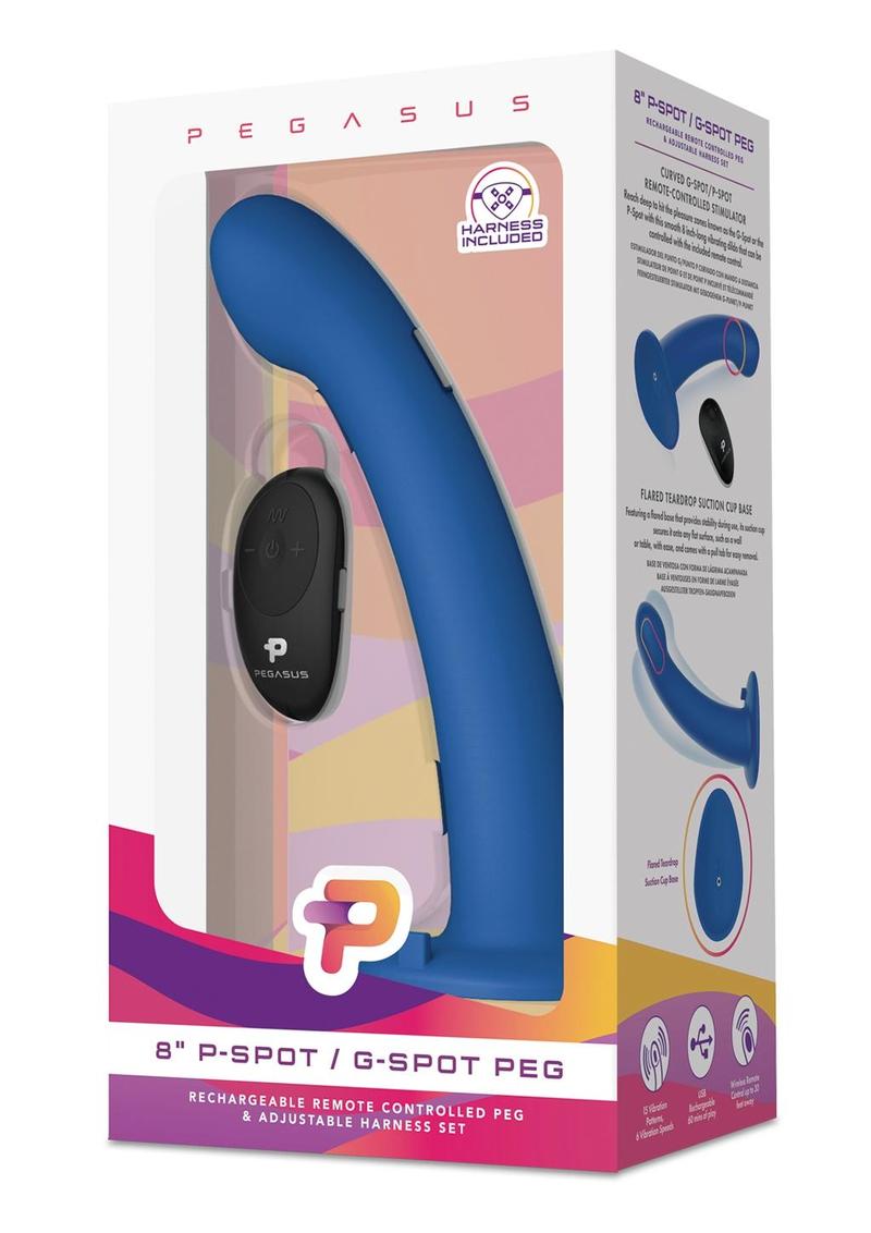 Pegasus Remote Control P-Spot G-Spot Silicone Peg with Harness - Black/Blue - 8in