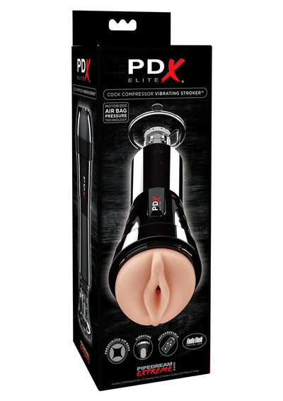 Pipedream Extreme Elite Rechargeable Cock Compressor Vibrating Masturbator - Pussy - Black/Vanilla