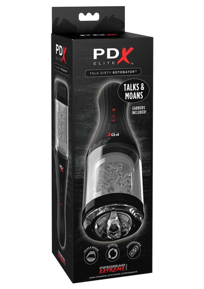 Pipedream Extreme Elite Rechargeable Talk Dirty Rotobator Masturbator - Pussy - Black/Clear/Flesh