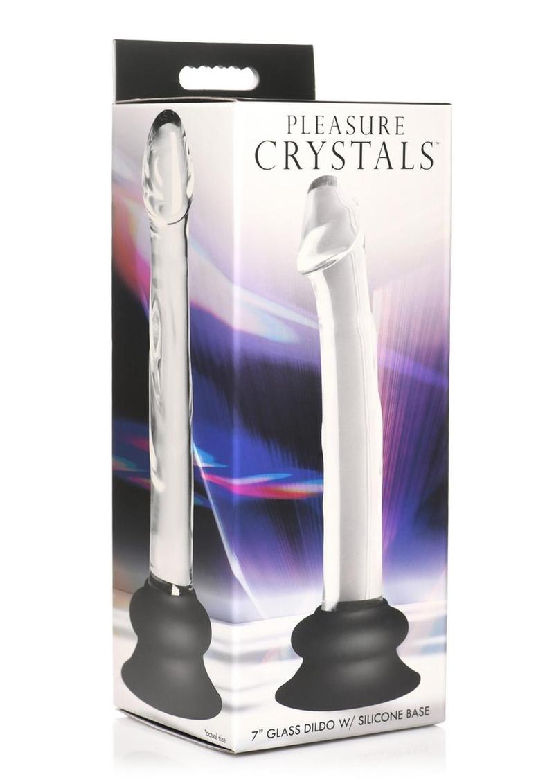 Pleasure Crystals Glass Dildo with Silicone Base - Black/Clear - 7in