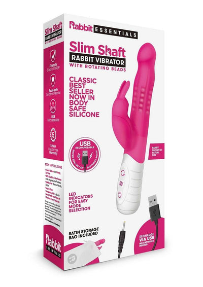 Rabbit Essentials Silicone Rechargeable Slim Shaft Rabbit Vibrator - Hot Pink/Pink