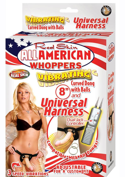 Real Skin All American Whoppers Vibrating Dildo with Universal Harness - Black/Vanilla - 8in