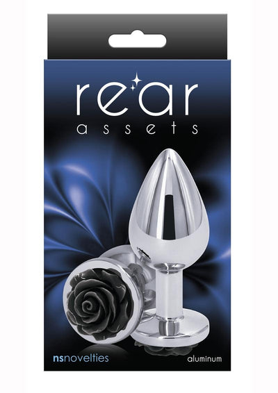 Rear Assets Rose Aluminum Anal Plug - Black/Metal/Silver - Medium