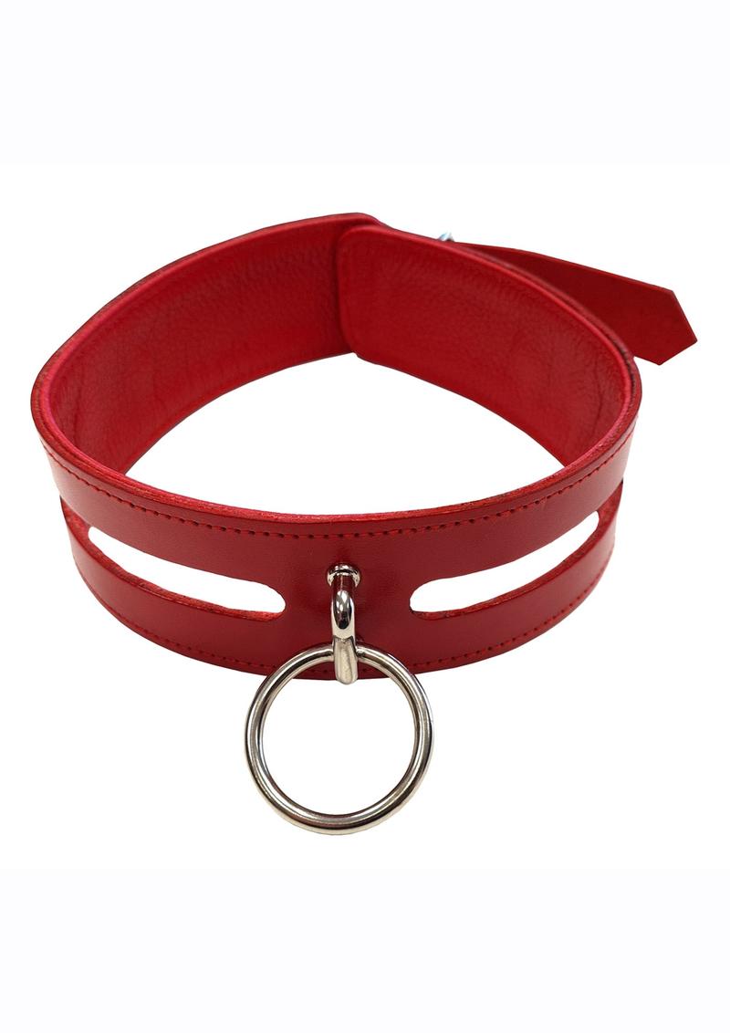 Rouge Leather Fashion Bondage Collar with O-Ring - Red