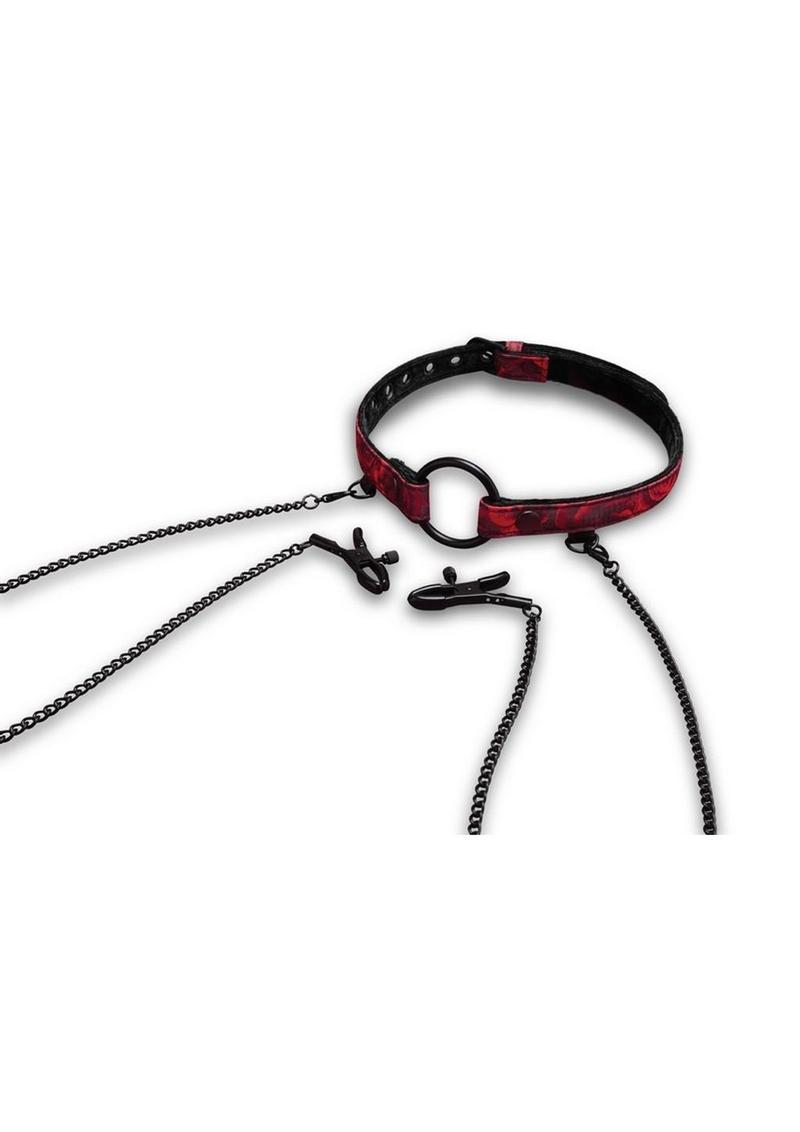 Secret Kisses Rosegasm Open Mouth Gag with Nipple Clips and Satin Blindfold - Black/Red