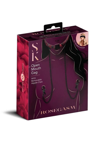 Secret Kisses Rosegasm Open Mouth Gag with Nipple Clips and Satin Blindfold - Black/Red