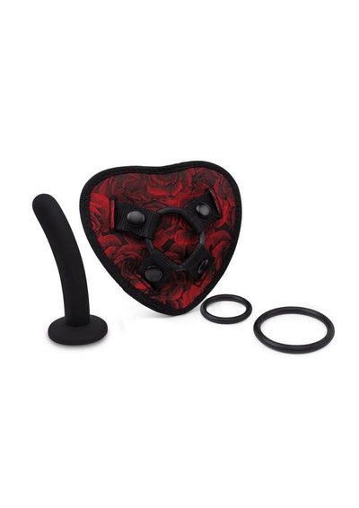 Secret Kisses Rosegasm Strap-On Harness with G-Spot Dildo and Blindfold - Black/Red