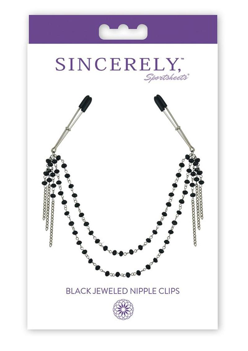 Sincerely Black Jeweled Nipple Clips - Black/Silver - 16.5in