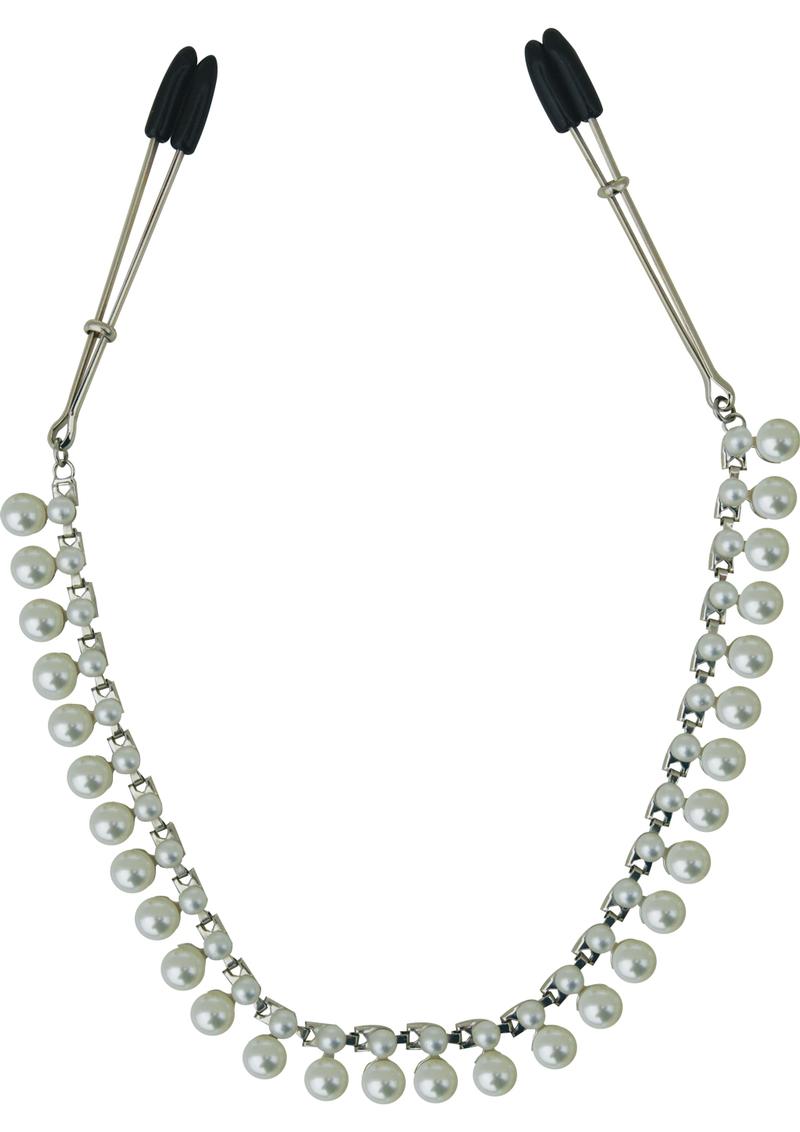 Sincerely Pearl Chain Nipple Clips - Silver/White - 20in