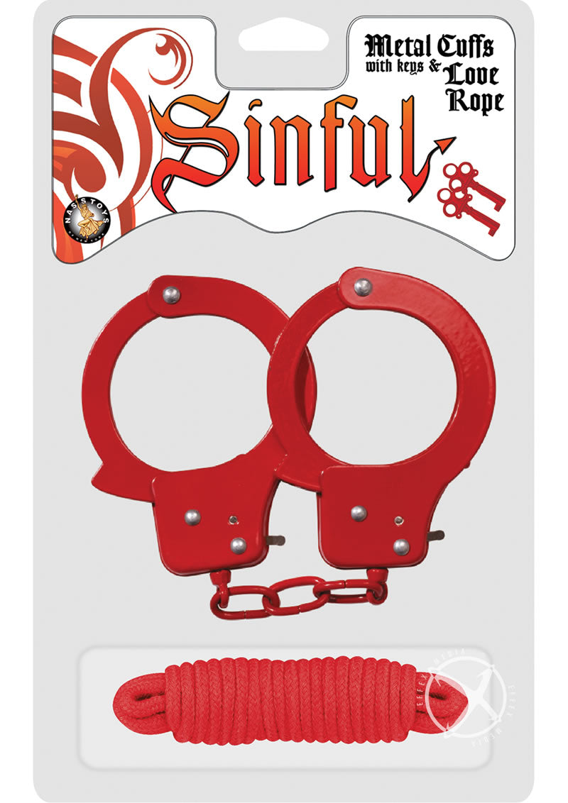 Sinful Metal Cuffs with Keys and Love Rope - Metal/Red