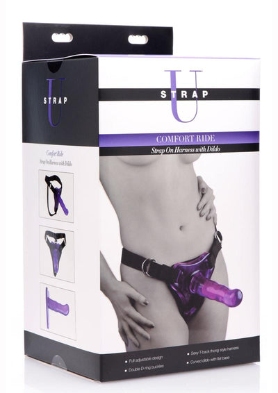 Strap U Comfort Ride Black Strap-On Harness with Purple 7in Dildo - Purple