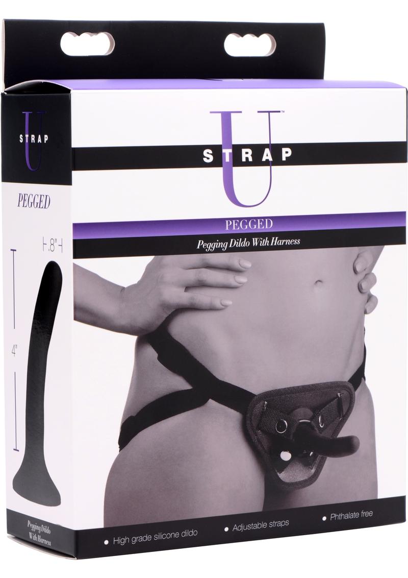 Strap U Pegged Pegging Silicone 5in Dildo with Harness - Black