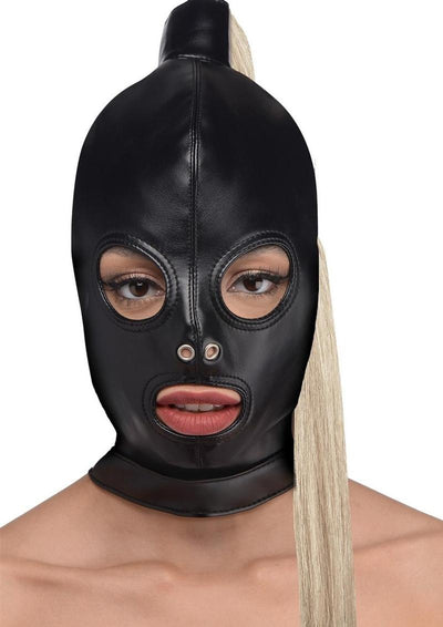 Strict Blonde Ponytail Bondage Hood - Black