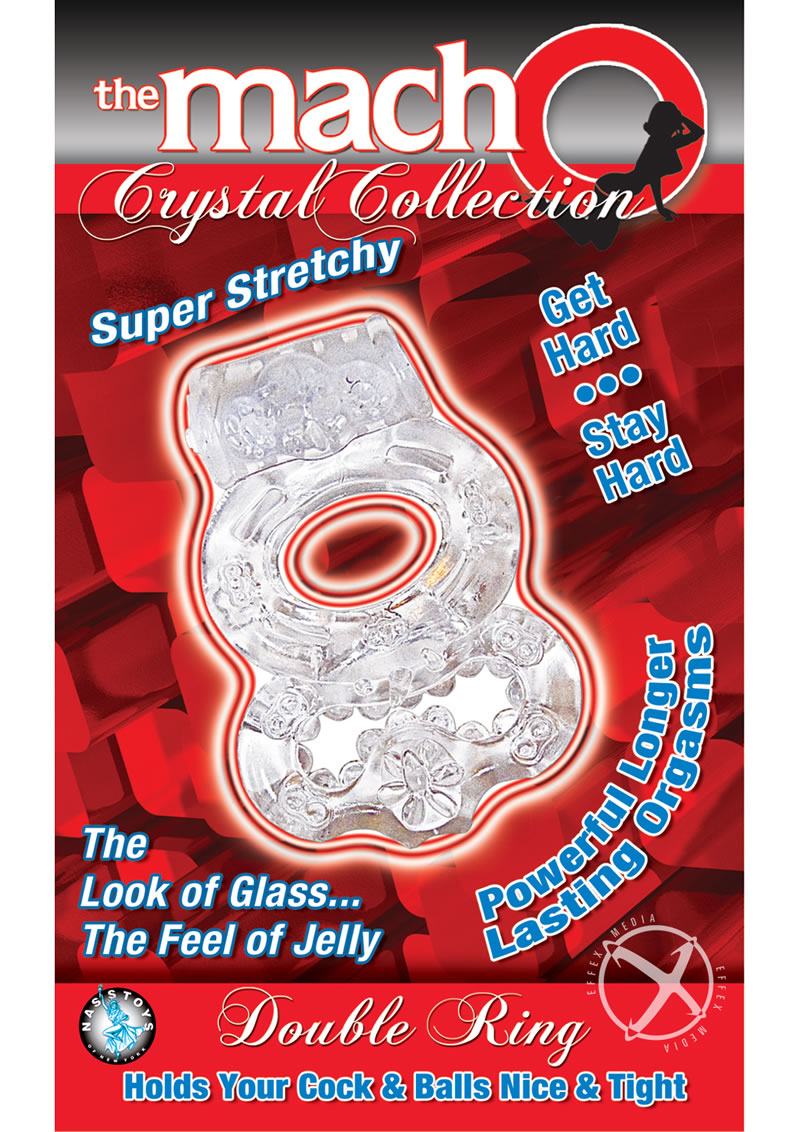 The Macho Crystal Collection Double Ring Vibrating Cock Ring - Clear