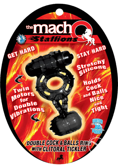 The Macho Stallions Double Cock and Ball Vibrating Silicone Cock Ring - Black