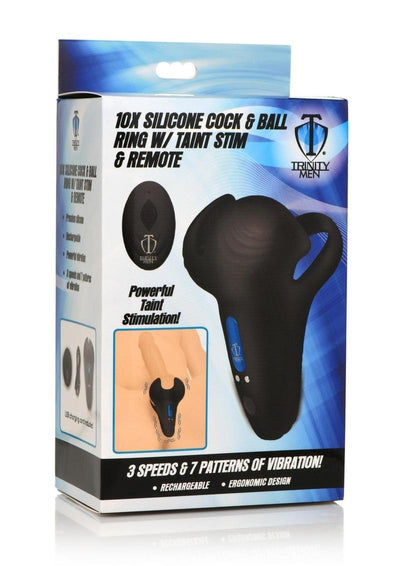 Trinity Men 10x Silicone Cock and Ball Ring with Taint Stim and Remote Control - Black