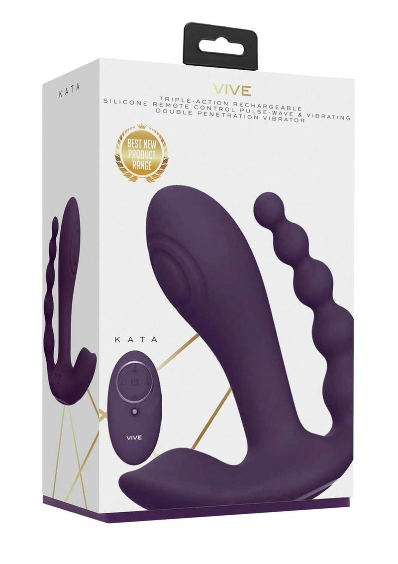 Vive Kata Rechargeable Silicone Pulse Wave and Vibrating Double Penetration Vibrator - Purple